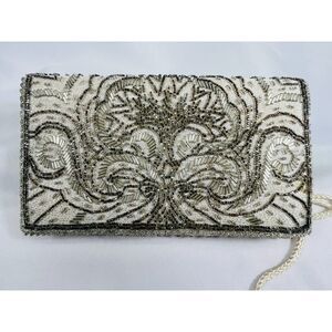 Vintage Regale Silver Beaded Envelope Clutch Shoulder Bag